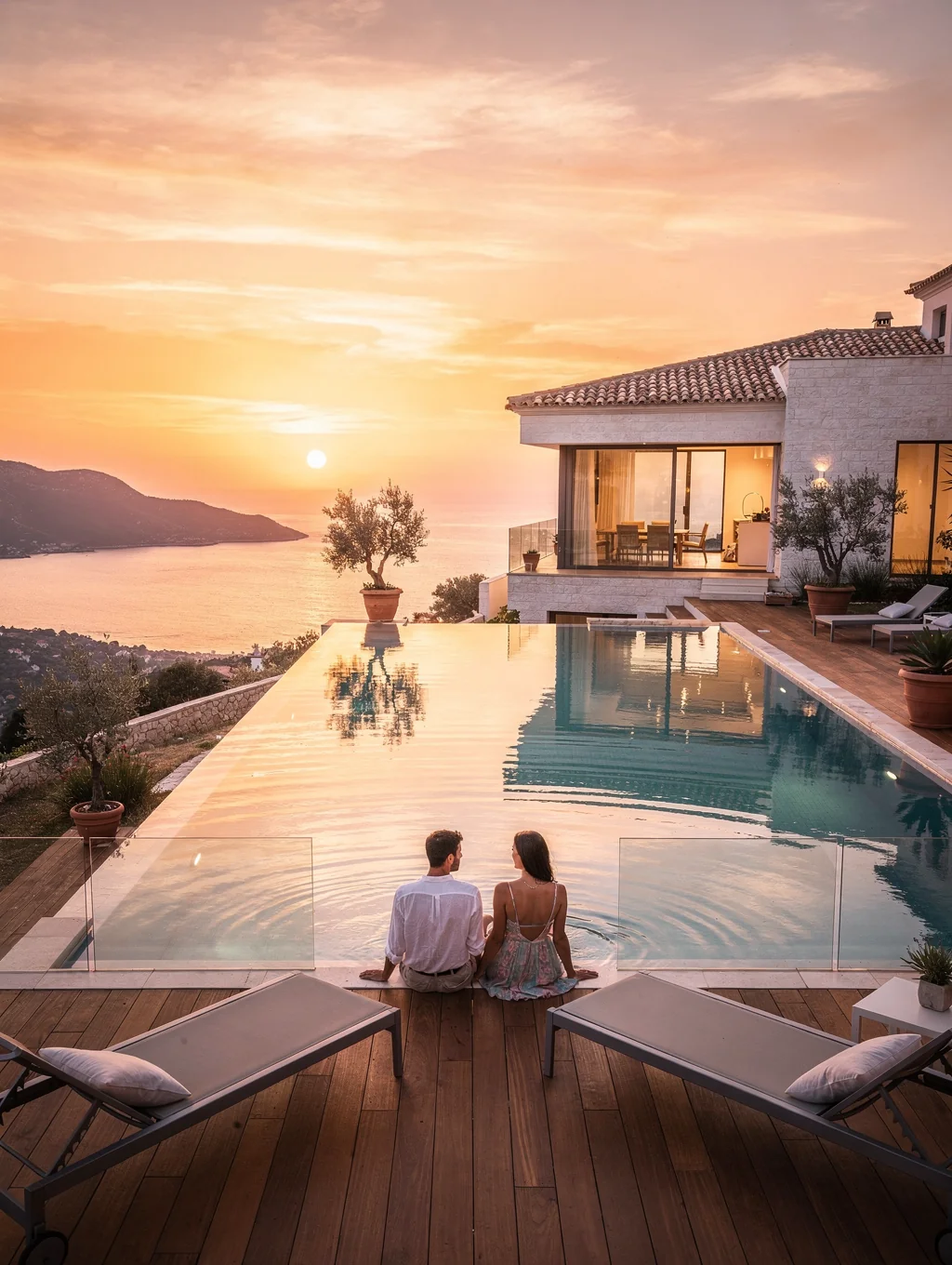 Luxury Mediterranean villa at sunset with infinity pool and horizon view