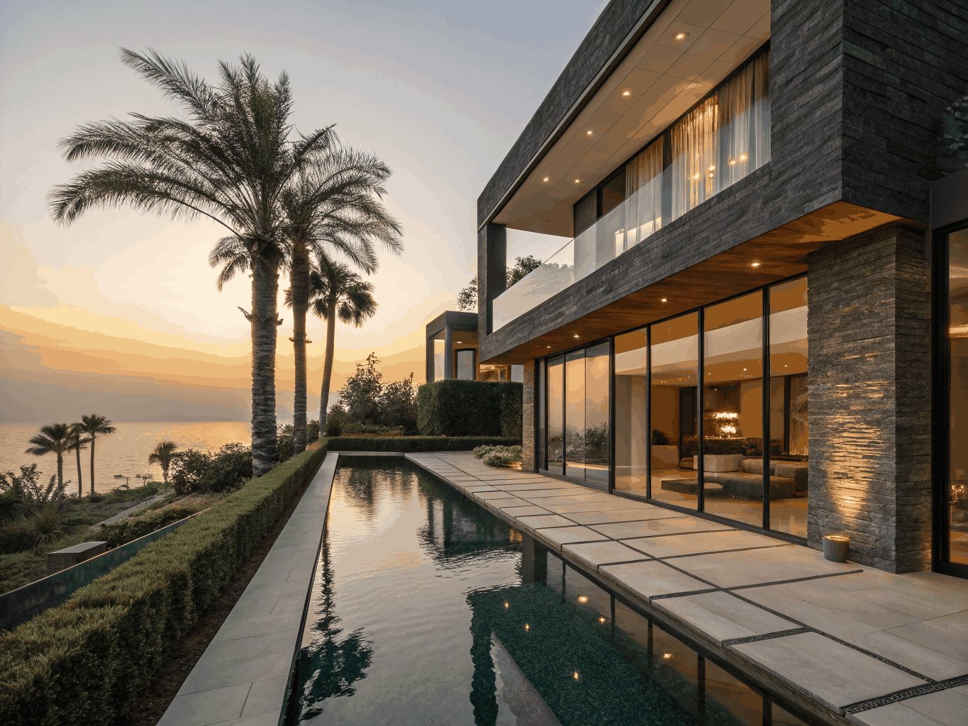 Modern luxury villa with infinity pool at sunset
