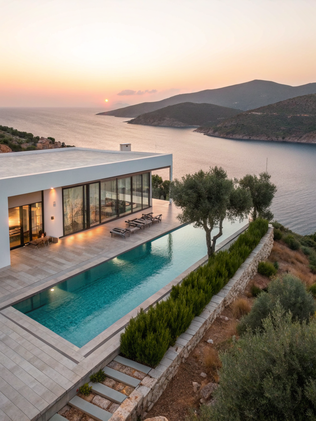 Luxury Mediterranean villa overlooking the horizon at sunset
