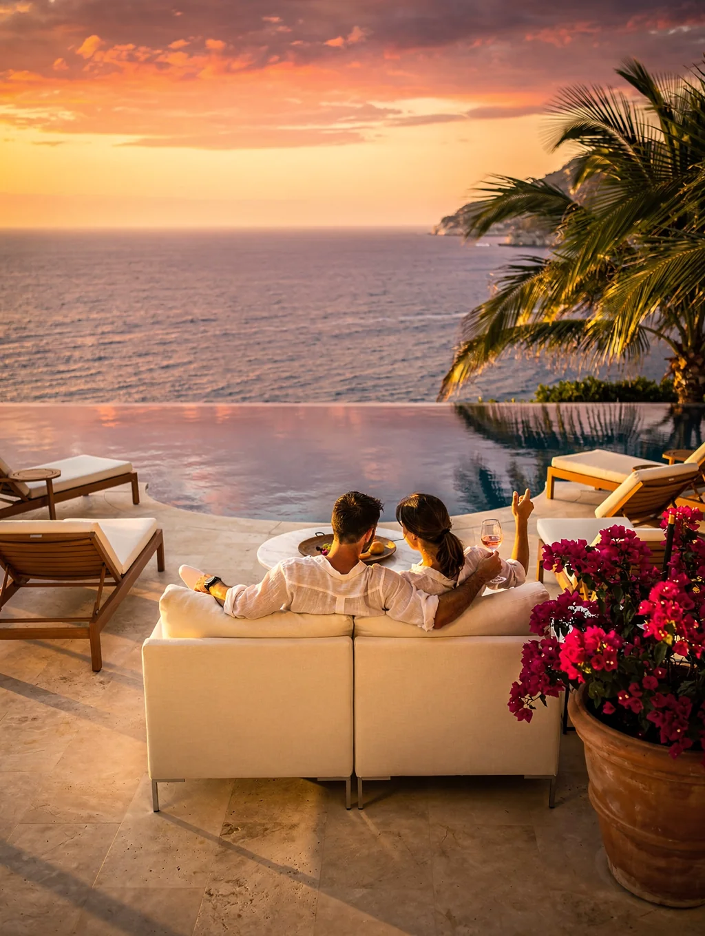 A luxury villa terrace overlooking the Mediterranean horizon at sunset