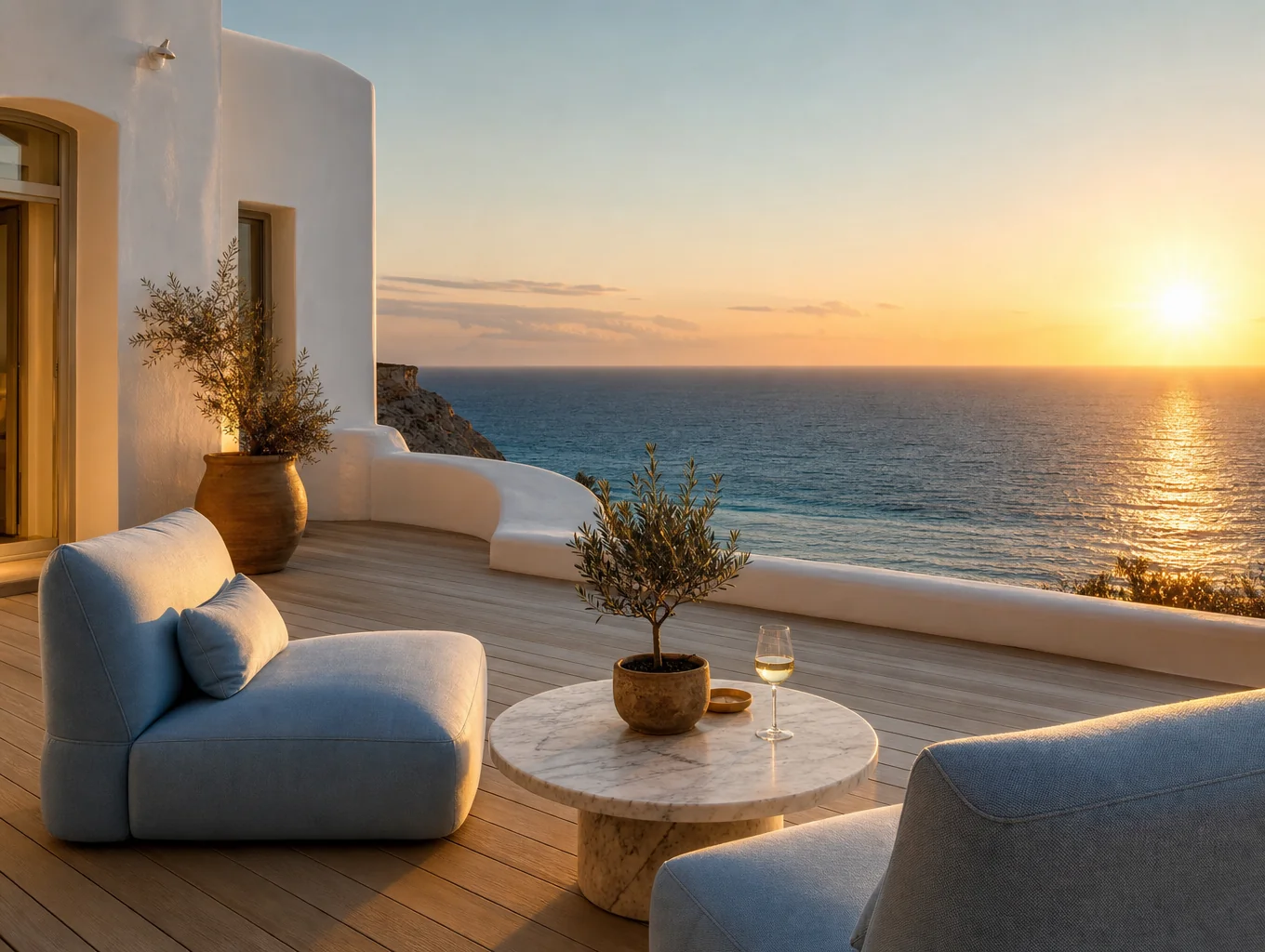 Elegant terrace overlooking the Mediterranean horizon